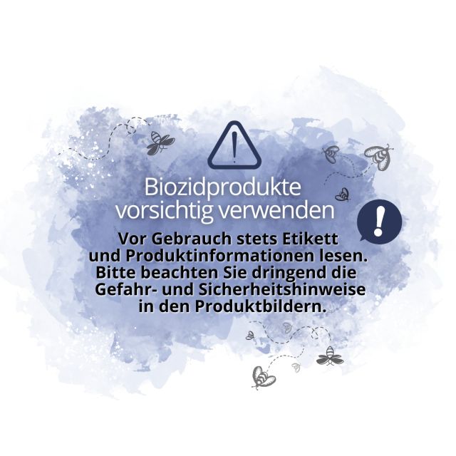 Text auf blauem Hintergrund: Biozidprodukte vorsichtig verwenden. Vor Gebrauch Etikett lesen. Gefahrenhinweise beachten.