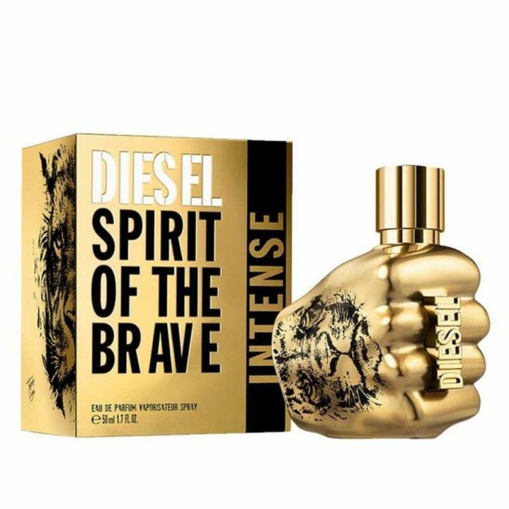Goldfarbener Flakon in Faustform und goldene Verpackung. Aufschrift: Diesel Spirit Of The Brave Intense. Abbildung eines Löwen.