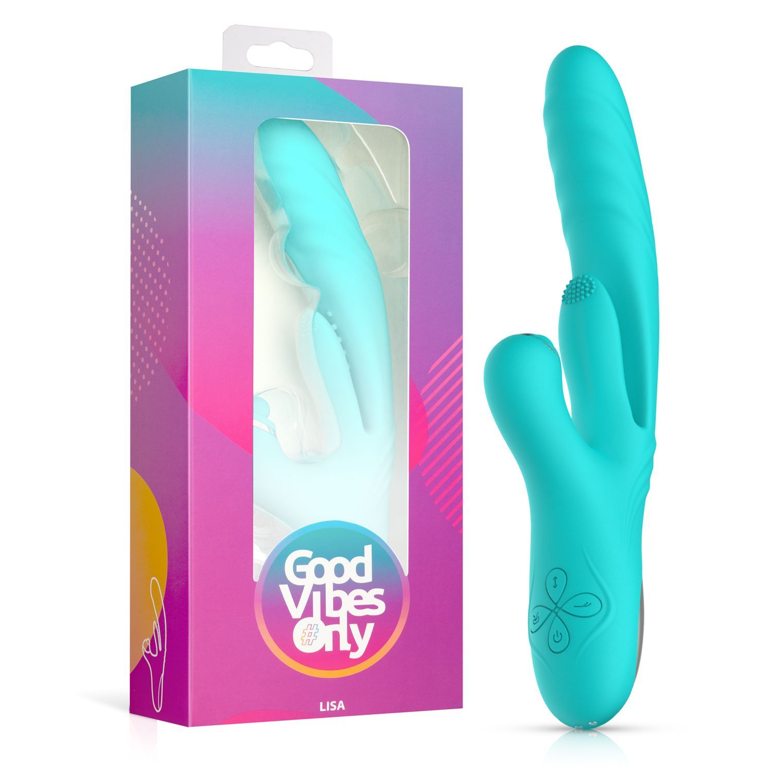 Vibrateur turquoise à trois branches, présenté dans une boîte avec fenêtre. La boîte affiche "Good Vibes Only".