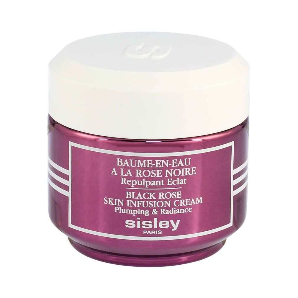 Dunkelrotes Tiegel mit weißem Deckel. Aufschrift: Baume-en-Eau à la Rose Noire, Black Rose Skin Infusion Cream, Sisley Paris.