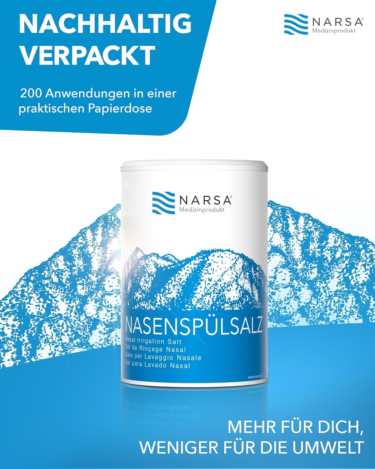 NARSA Nasenspülsalz Dose, nachhaltig verpackt in Papier. 200 Anwendungen.