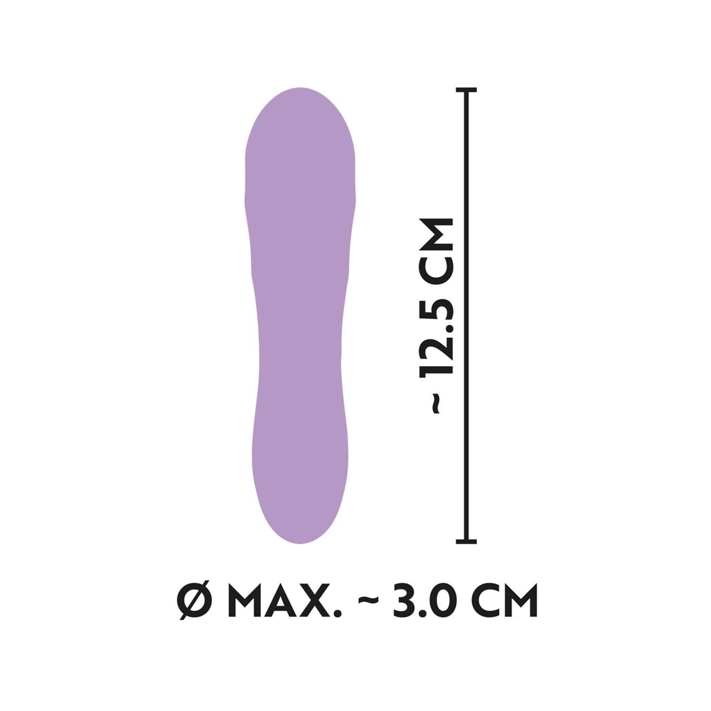 Lila Vibrator-Umriss mit Maßangaben: 12,5 cm lang, Ø max. 3,0 cm.