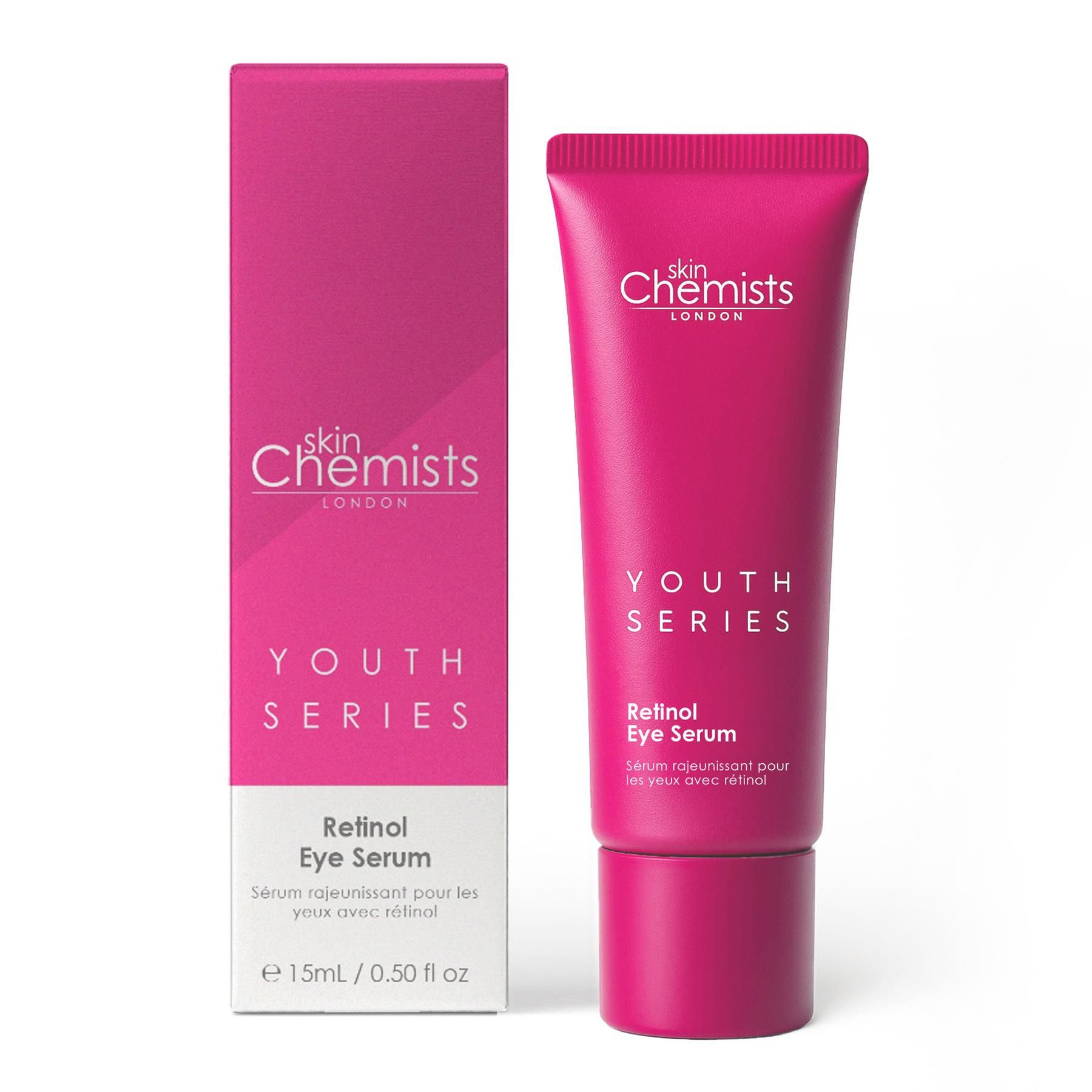SkinChemists Retinol Eye Serum in pink tube and box.