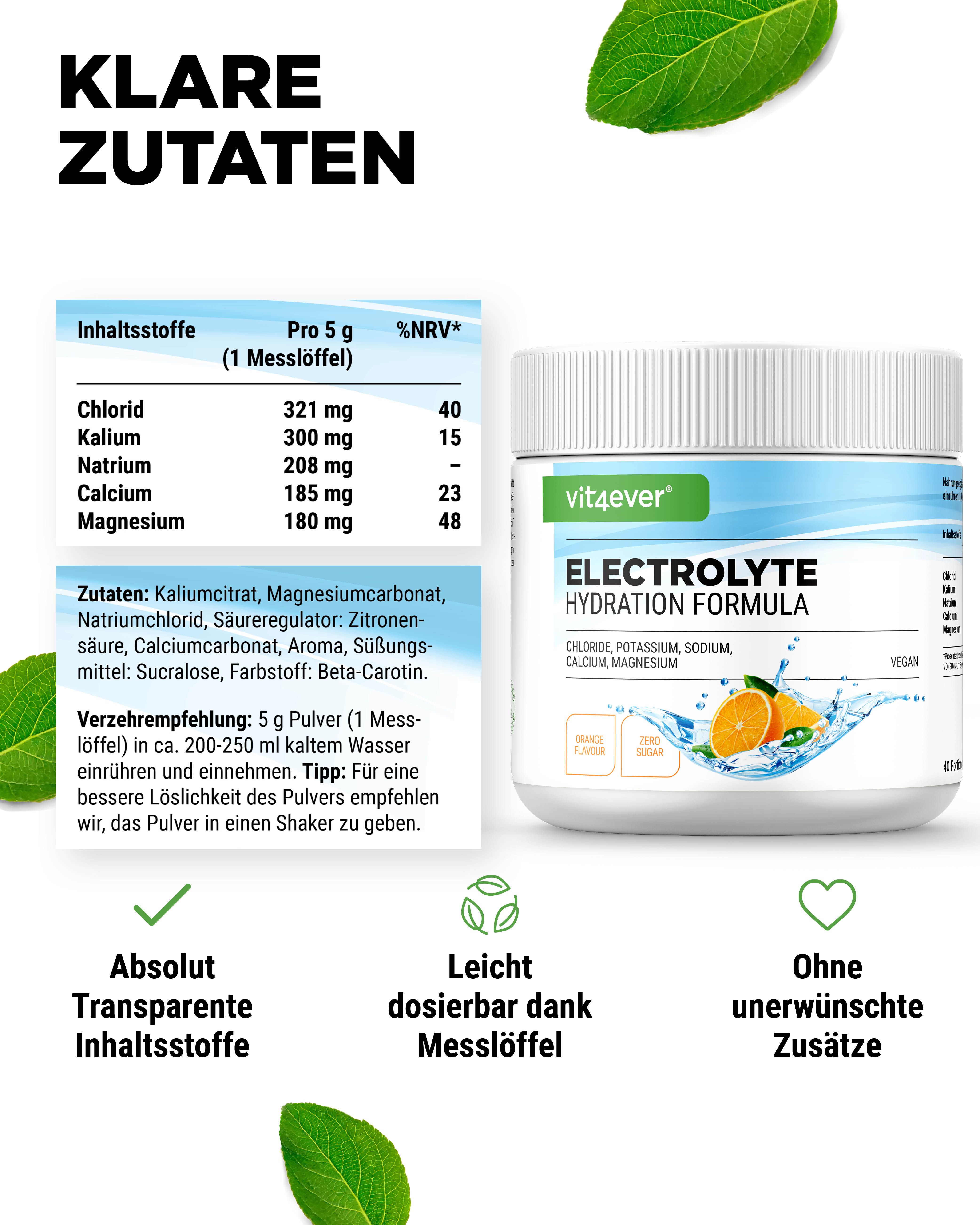 Vit4ever Elektrolyte Hydration Formula in Dose. Inhaltsstoffe: Chlorid, Kalium, Natrium, Calcium, Magnesium. Mit Messlöffel.