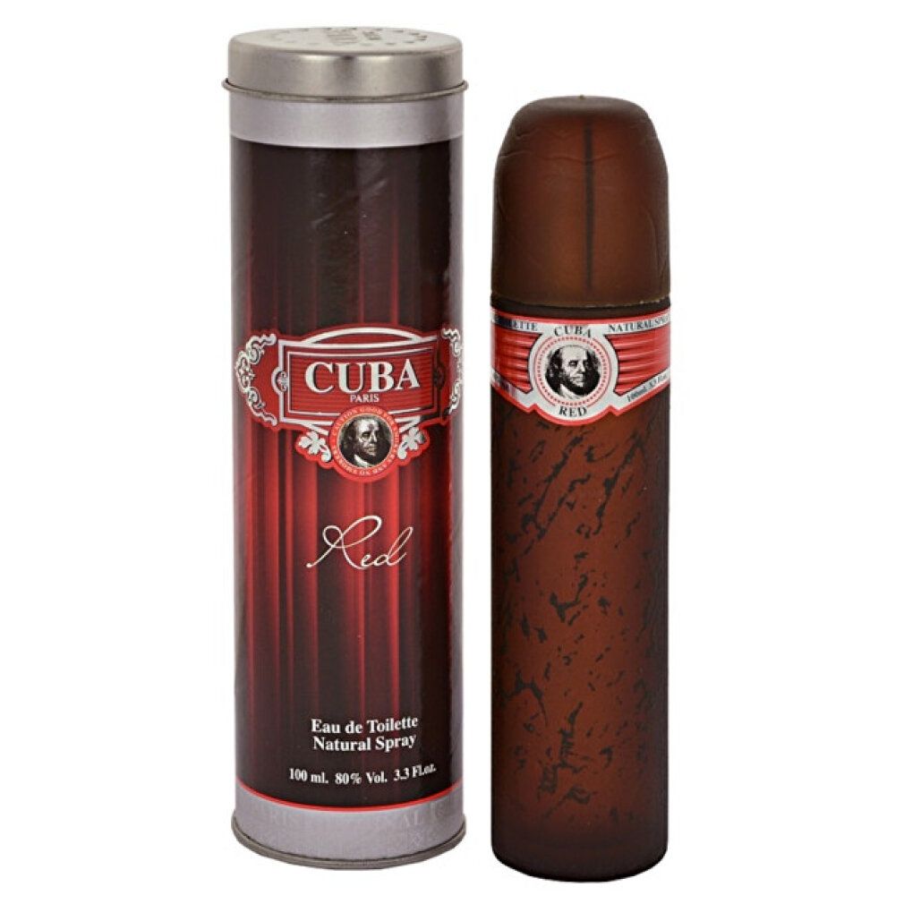 Braune Flasche mit roter Banderole und roter Dose mit "CUBA"-Schriftzug. Eau de Toilette, 100 ml.