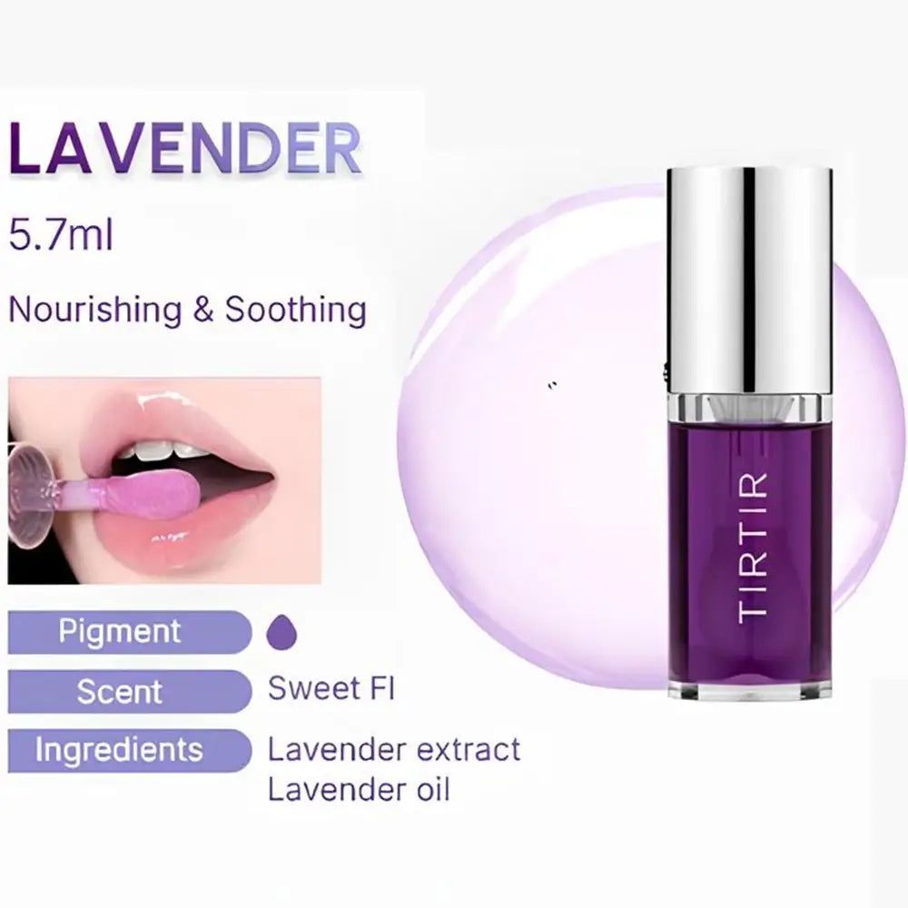 Lip Oil Flasche, lila Flüssigkeit, silberne Kappe. Text: TIRTIR. Aufschrift: LAVENDER, 5.7ml, Nourishing & Soothing. Inhaltsstoffe: Lavendelextrakt, Öl.
