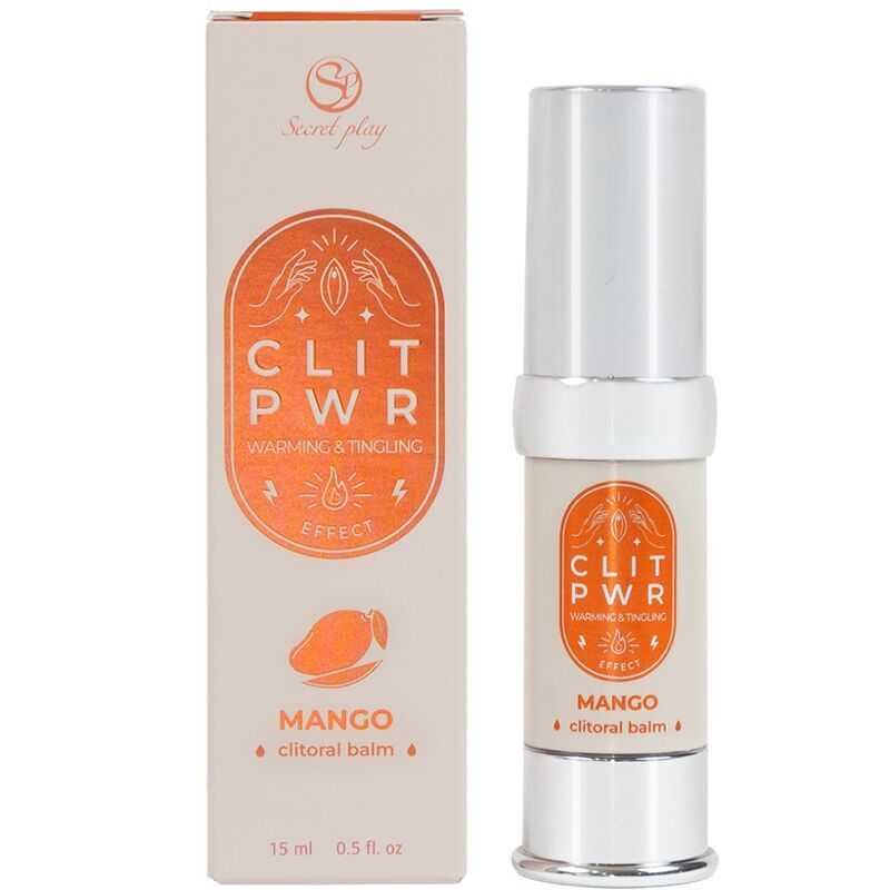 Produkt und Verpackung. Aufschrift: CLIT PWR Mango. Flasche mit silberner Kappe.