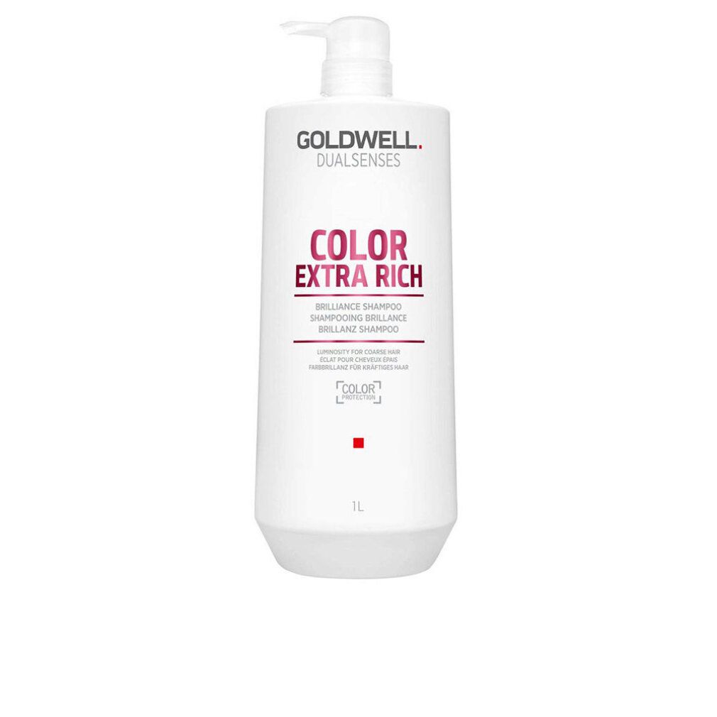 Weißer Shampoo-Behälter mit Pumpe. Aufschrift: Goldwell Dualsenses Color Extra Rich. 1L.