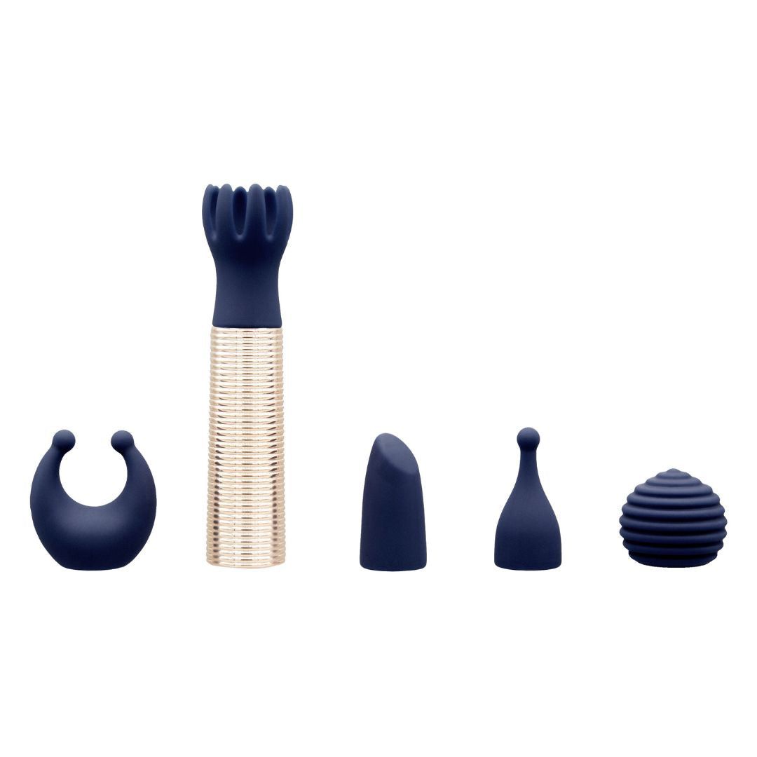 Fünf Aufsätze und ein Minivibrator. Dunkelblaue Aufsätze, goldfarbener Schaft. Verschiedene Formen.