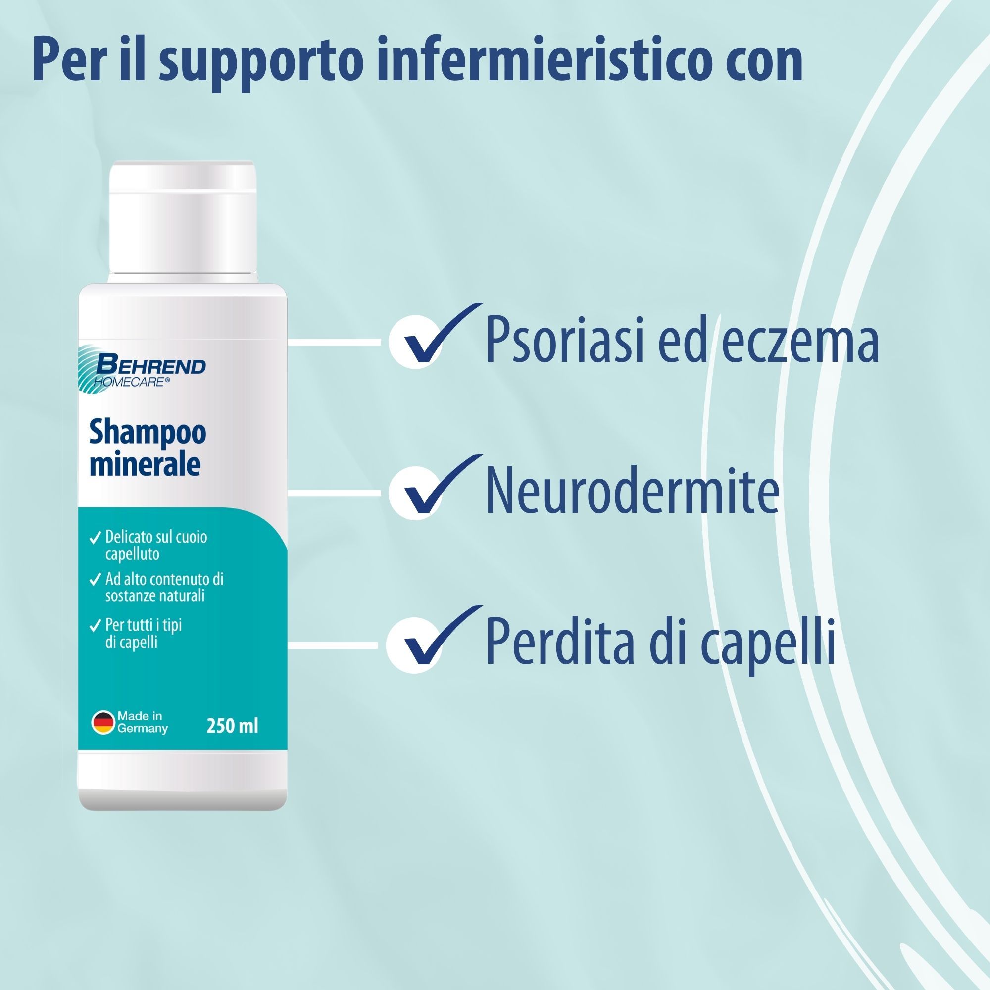 Shampoo minerale Behrend Homecare. Testo: Psoriasi ed eczema, neurodermite, perdita di capelli. Flacone bianco. Prodotto in Germania.