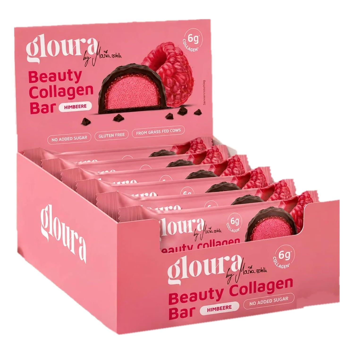 Box mit Himbeer-Beauty-Kollagenriegeln, jeweils einzeln verpackt.
