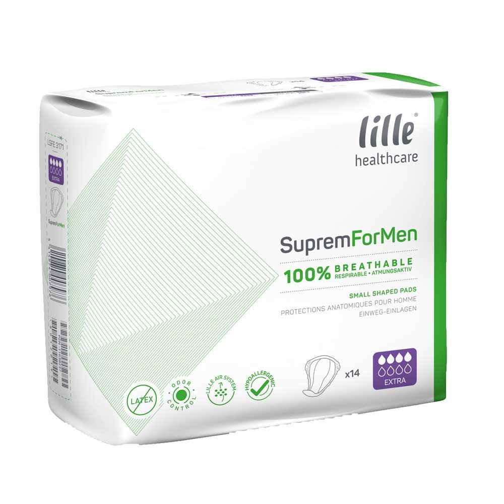 Verpackung von Lille Suprem For Men Extra. Anatomische Einlagen für Männer. 100% atmungsaktiv. 14 Stück. Grün und weiß.