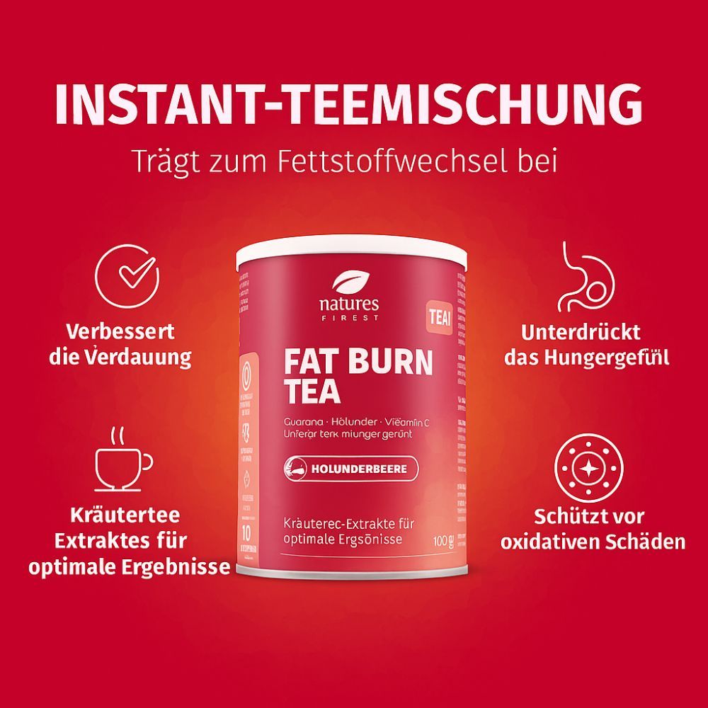 Rote Dose Nature's Finest Fatburn Tea. Aufschrift: FAT BURN TEA. Text: Instant-Teemischung. 100g. Icons: Verdauung, Hungergefühl.
