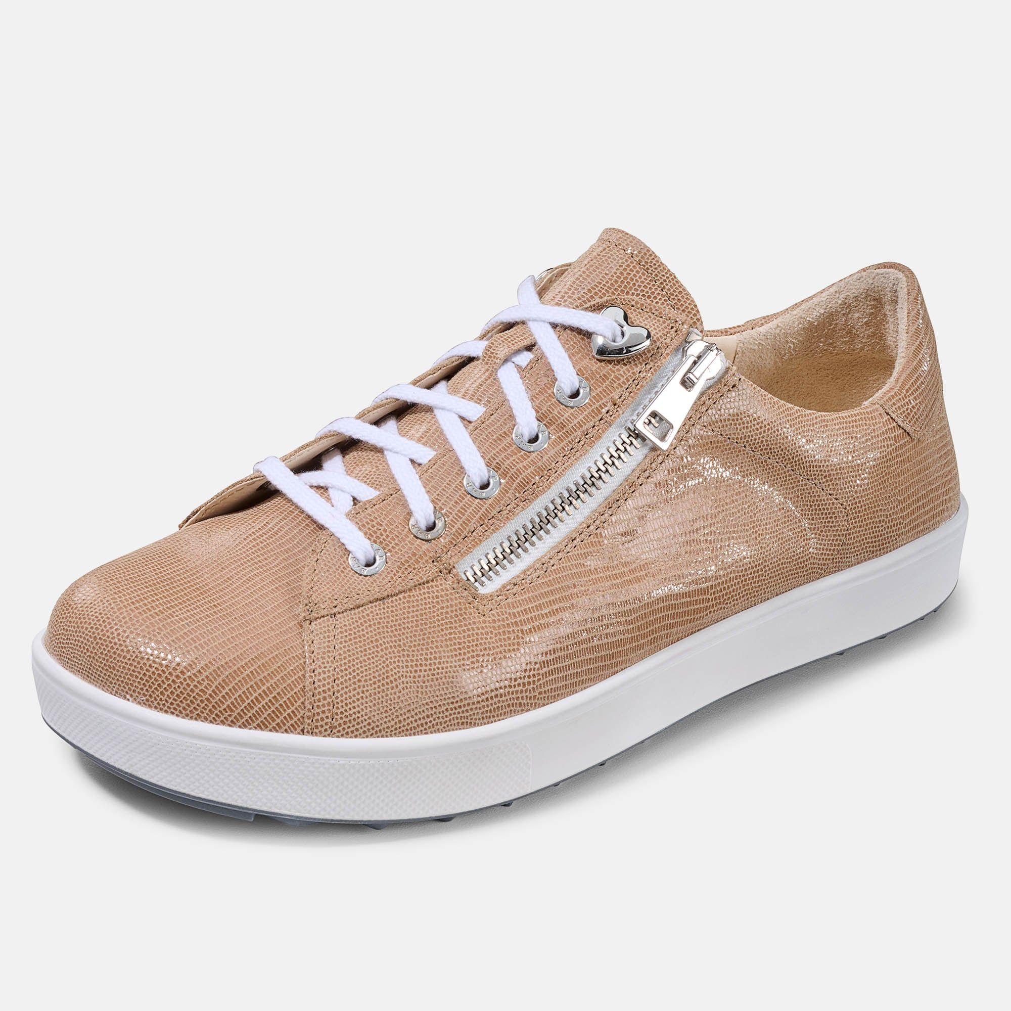 Beige Schnürschuh mit weißer Sohle und Reißverschluss. Schnürsenkel weiß. Nahaufnahme.