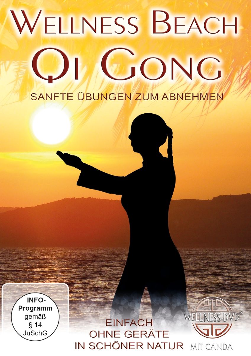 DVD-Hülle mit Titel 'Wellness Beach Qi Gong'. Silhouette einer Person vor Sonnenuntergang. Text: Sanfte Übungen zum Abnehmen.