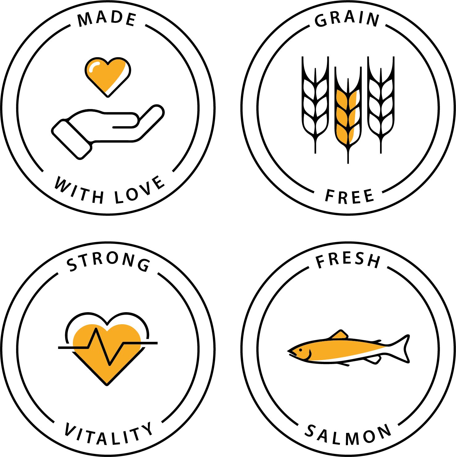 Vier runde Logos mit Text und Symbolen: Herz, Hand, Ähren, Fisch. Farben: Orange, Schwarz und Weiß.
