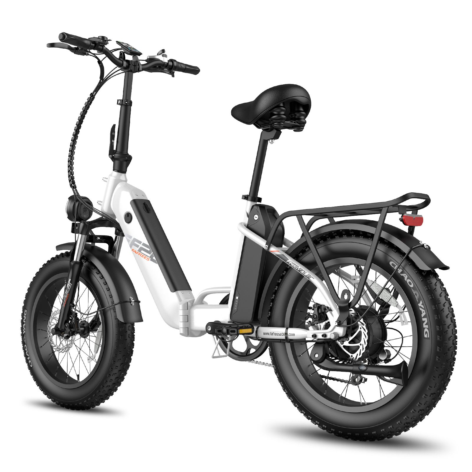 Faltbares E-Bike, weiß, mit schwarzen Reifen und Gepäckträger. F20-Logo sichtbar. Schwarzer Sattel und Lenker.