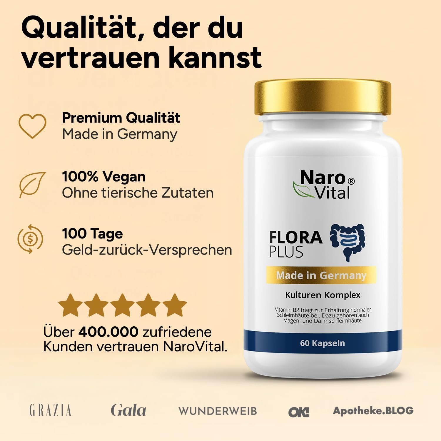 Flasche Naro Vital Flora Plus. Text: Qualität, der du vertrauen kannst. 100% vegan. 100 Tage Geld-zurück-Versprechen. Über 400.000 Kunden.