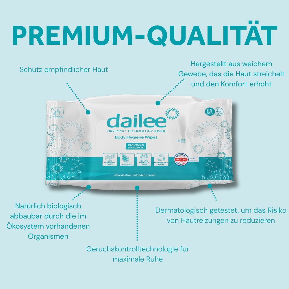 Dailee Body Hygiene Wipes Packung mit 15 Stück, biologisch abbaubar, dermatologisch getestet.