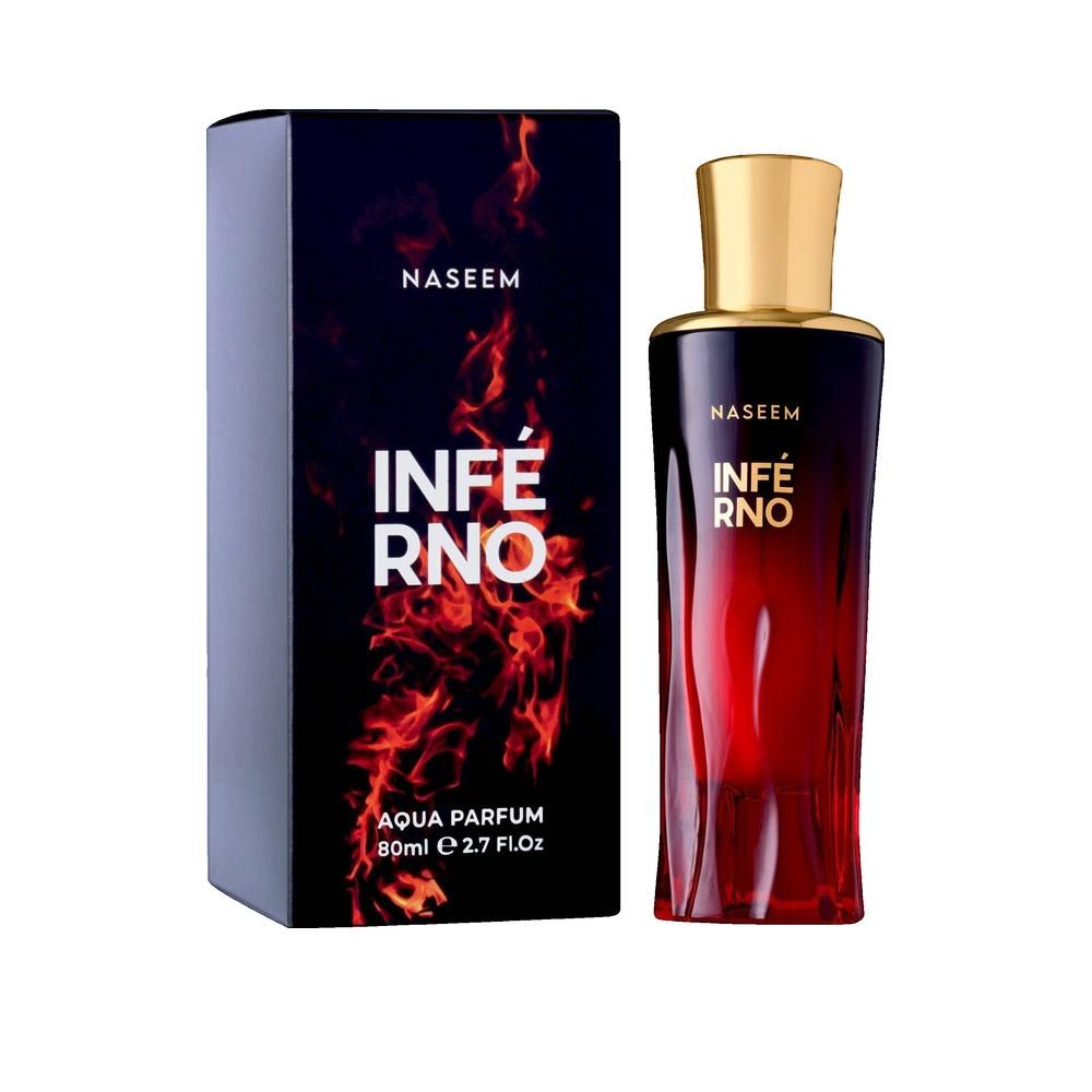 Parfümflasche und Schachtel. Schwarze Schachtel mit rotem Inferno-Schriftzug. Flasche mit rotem Farbverlauf und goldenem Deckel.