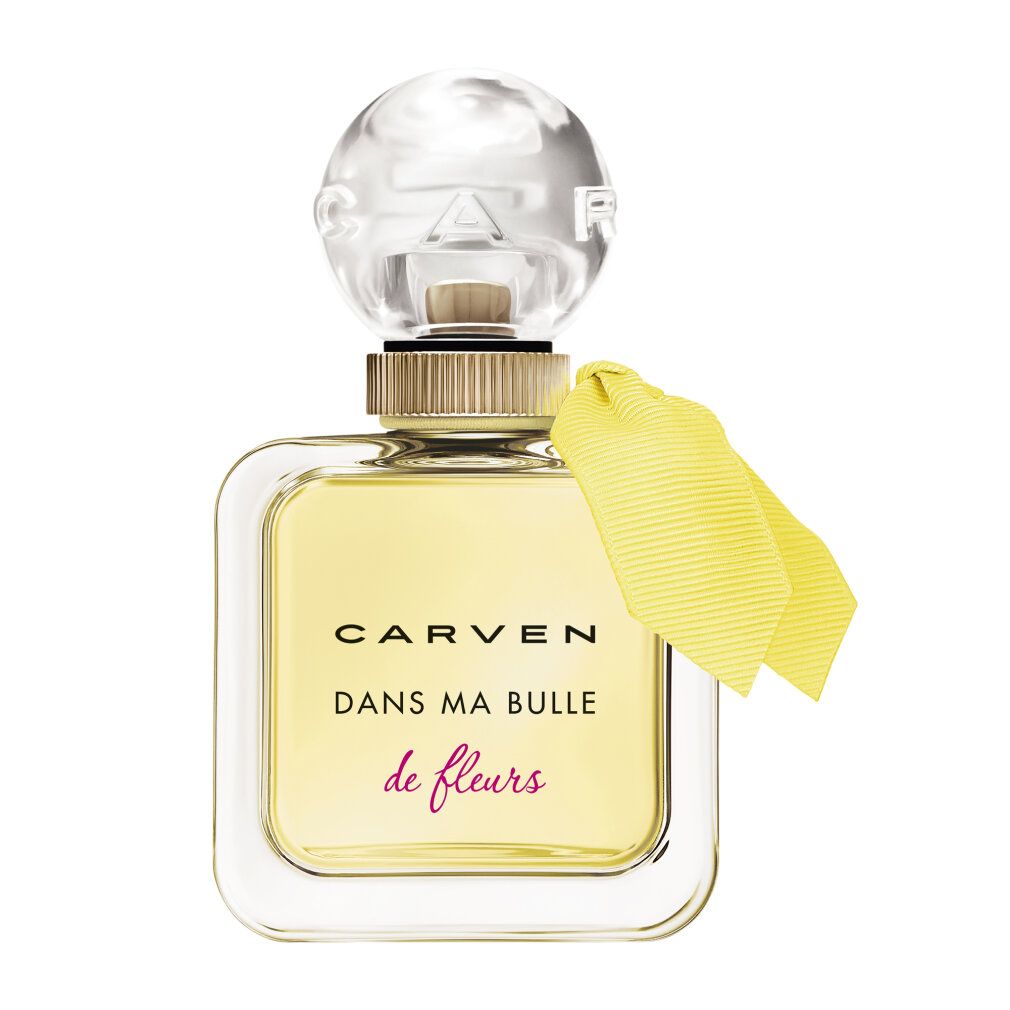 Quadratischer Glasflakon mit gelber Flüssigkeit. Transparenter Deckel. Gelbe Schleife. Schriftzug: Carven Dans Ma Bulle de Fleurs.