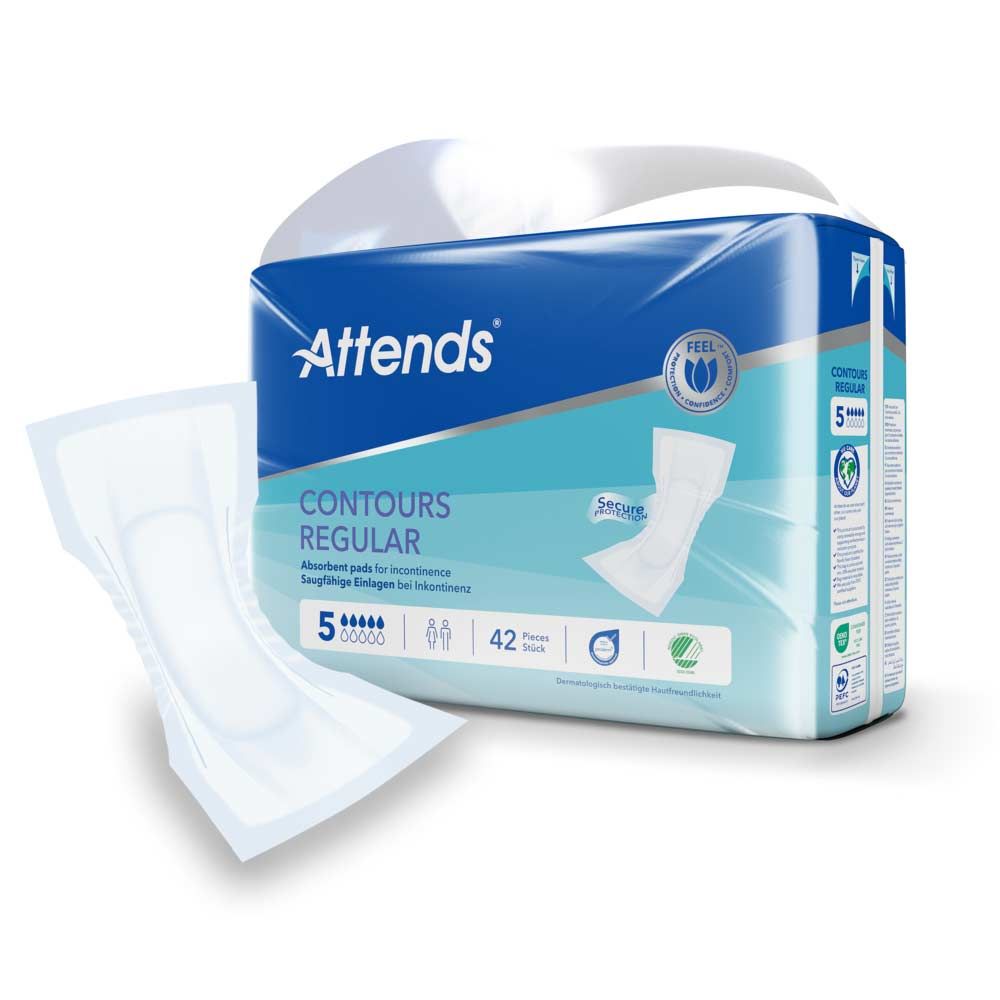 Attends Contours Regular 5. Verpackung und einzelne Inkontinenzeinlage. Blaue und weiße Verpackung mit Produktnamen und Logo.