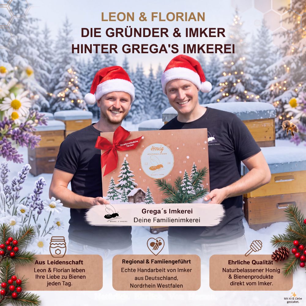Zwei Männer in Weihnachtsmützen halten einen Adventskalender. Im Hintergrund Bienenstöcke und winterliche Dekoration.