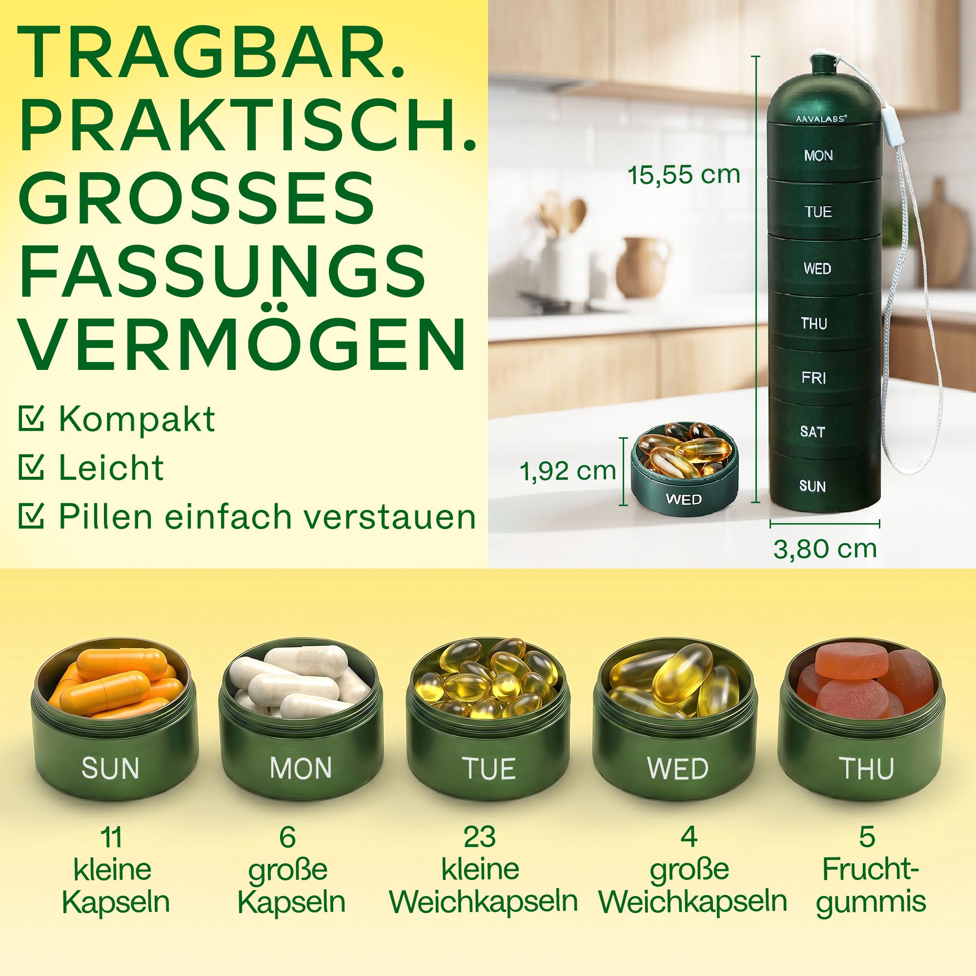 Grüne Pillendose mit 7 Fächern, gezeigt in verschiedenen Reiseszenarien.