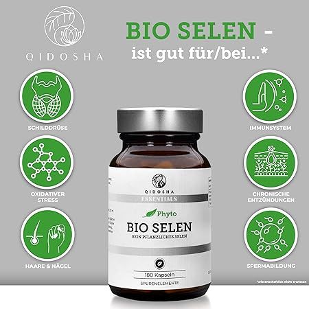 Produktflasche mit Logos: Schilddrüse, Immunsystem, oxidativer Stress, chronische Entzündungen, Haare & Nägel, Spermien.