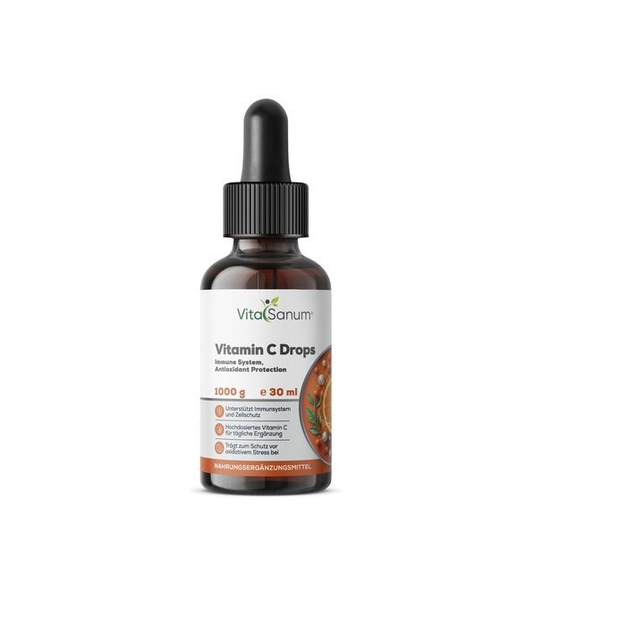 Braune Glasflasche mit Pipettenverschluss, enthält 30 ml Vitamin C Tropfen.