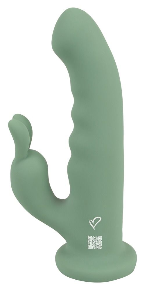 Grüner Vibrator mit Hasenohren-Design. Herz-Logo und QR-Code auf der Oberfläche. Ergonomische Form.