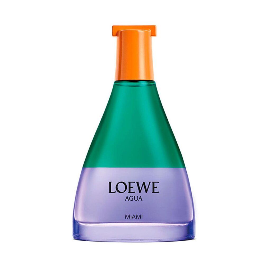Parfümflakon. Farbverlauf von Blau nach Grün. Orangefarbener Verschluss. Schriftzug LOEWE AGUA MIAMI.