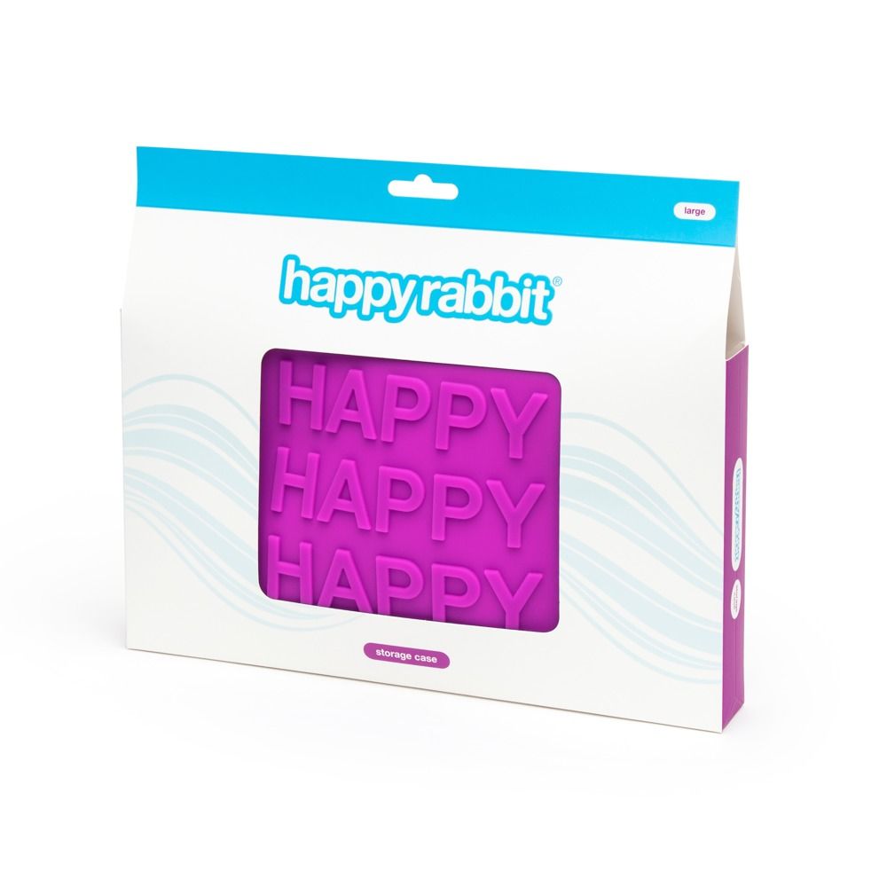 Lila Aufbewahrungsbox mit der Aufschrift 'HAPPY' in Großbuchstaben.