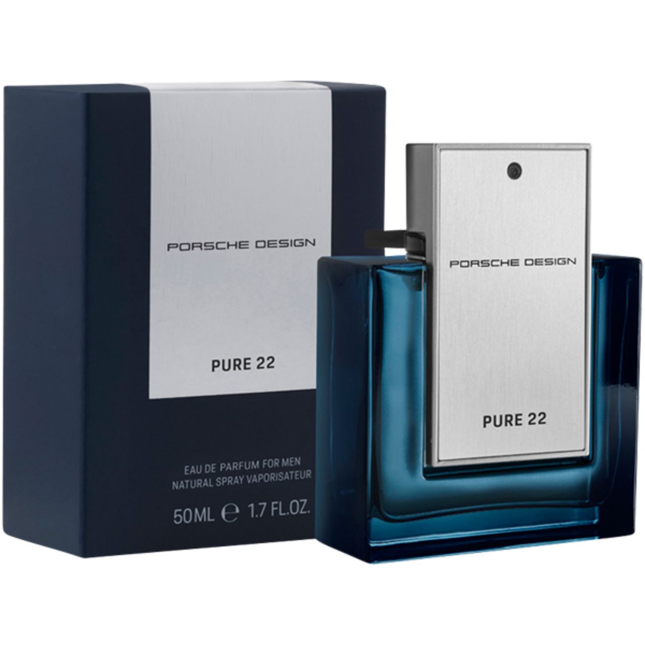 Blaues Parfumflakon mit silbernem Deckel und schwarzer Verpackung. Aufschrift: PORSCHE DESIGN, PURE 22. Flakon und Verpackung stehen nebeneinander.