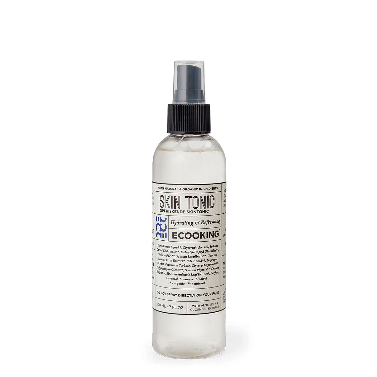 Klare Flasche mit schwarzem Sprühkopf. Etikett mit Produktnamen, Inhaltsstoffen und Marke Ecooking. 200 ml.