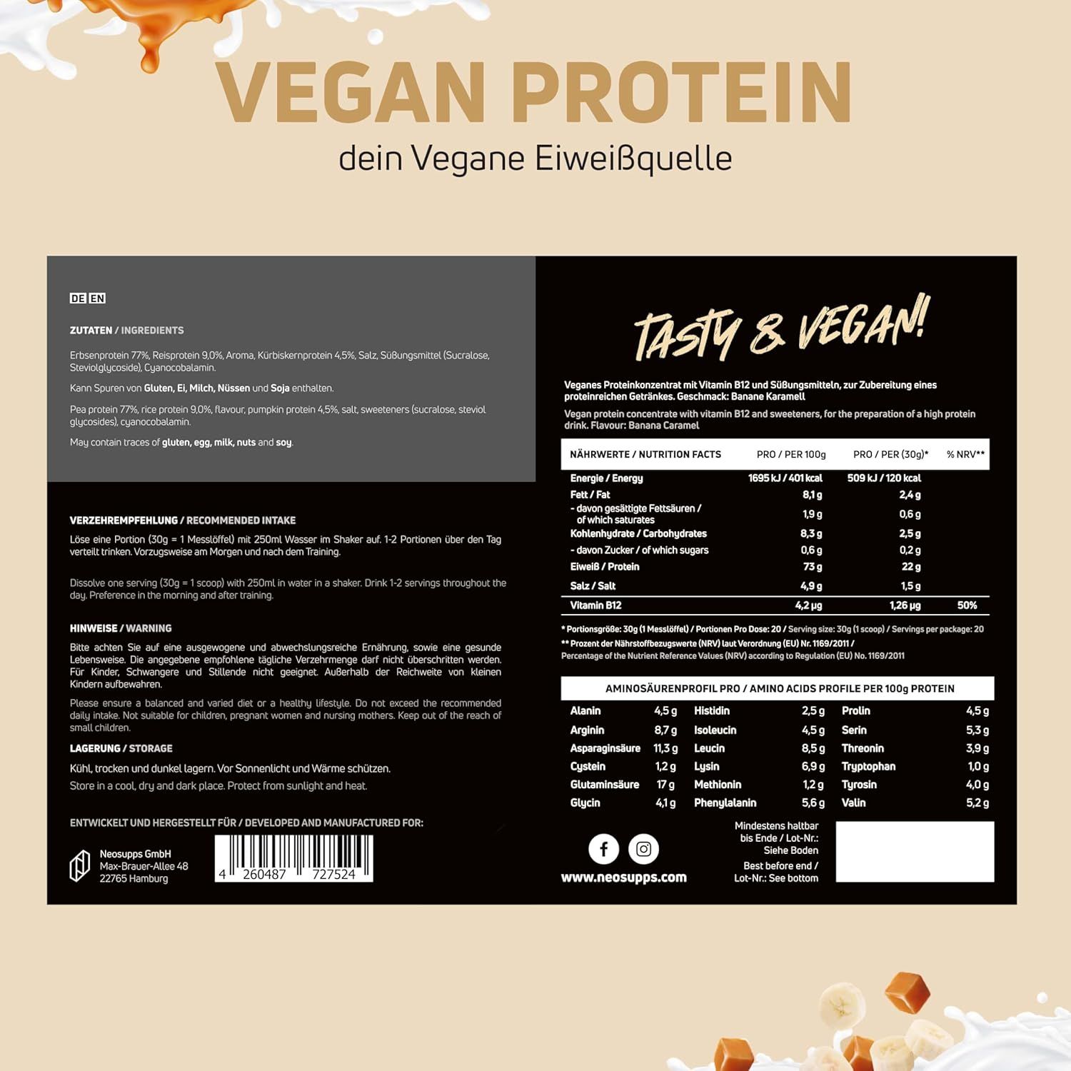 Eine Tabelle mit Nährwertangaben und Zutaten. Oben steht "Vegan Protein".