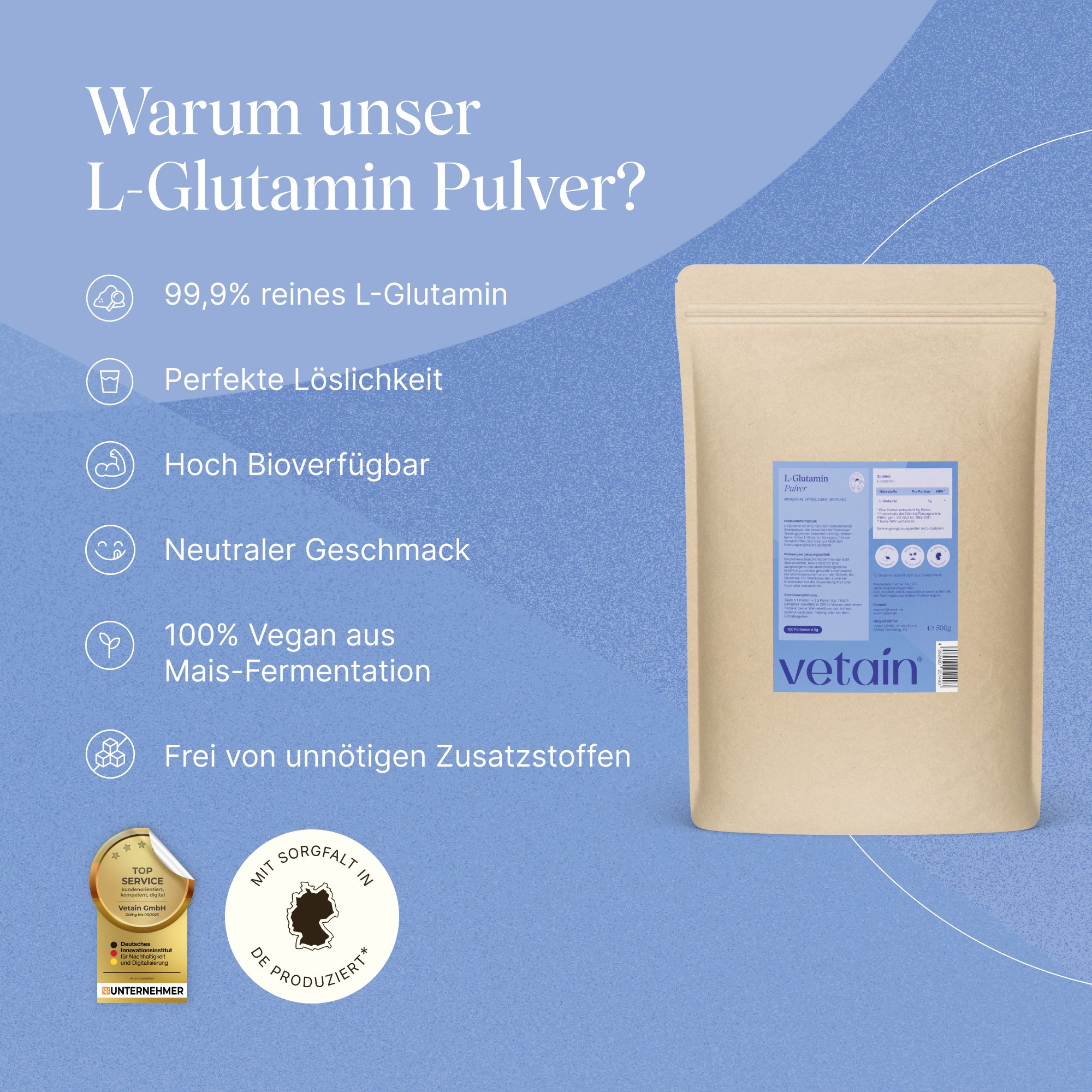 VETAIN L-Glutamin Pulver: 99,9% rein, vegan, hergestellt in Deutschland, laborgeprüft.