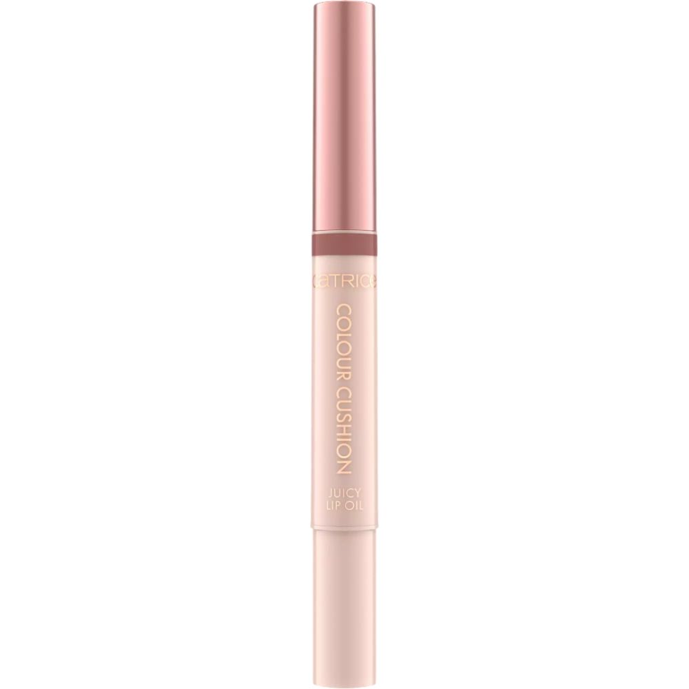 Lippenöl mit Deckel. Farbton und Produktname sind sichtbar. Der Deckel ist roségoldfarben.