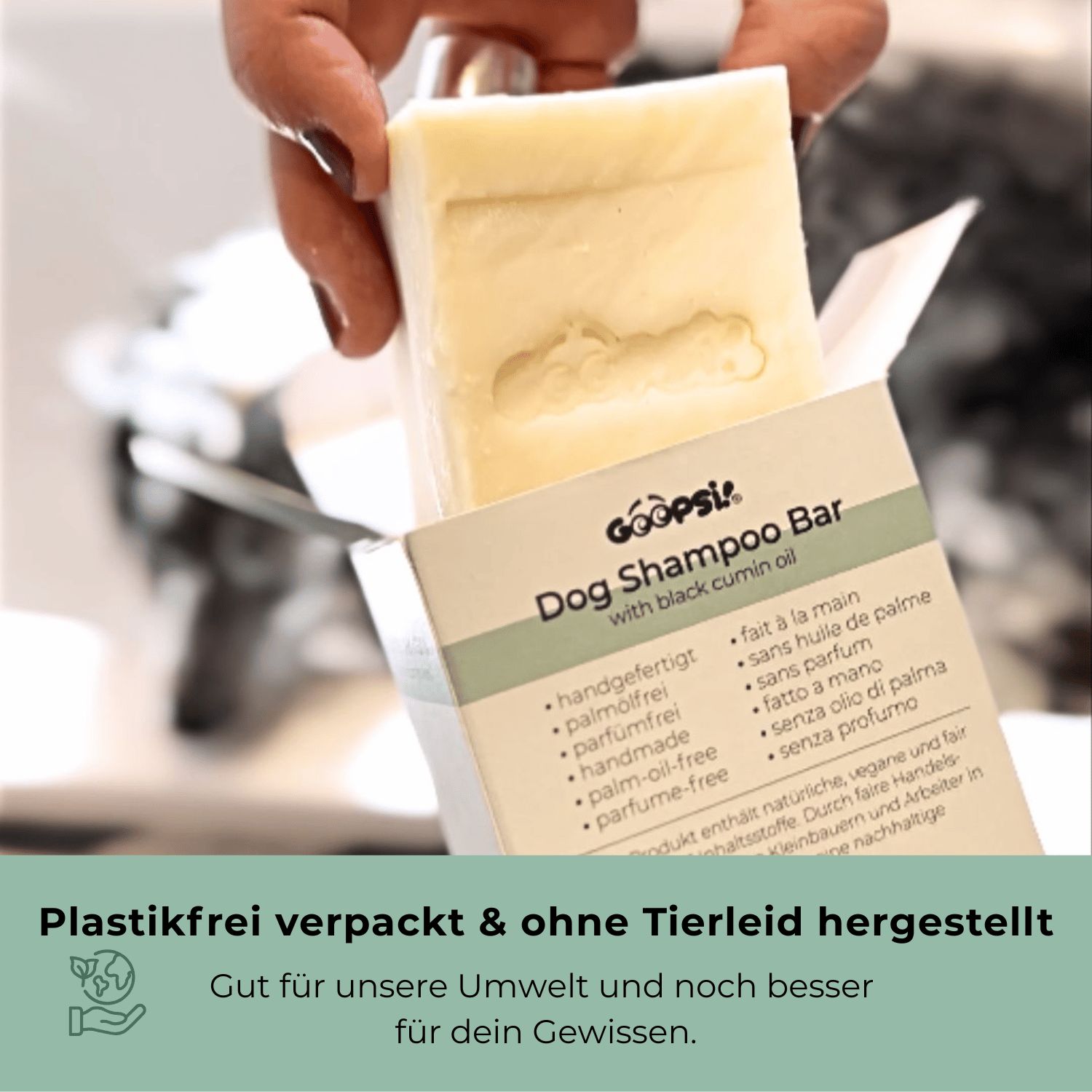 Eine Hand schäumt das Fell eines Hundes mit mildem, cremigem Schaum ein. Sanfter Schaum, gründliche Reinigung.