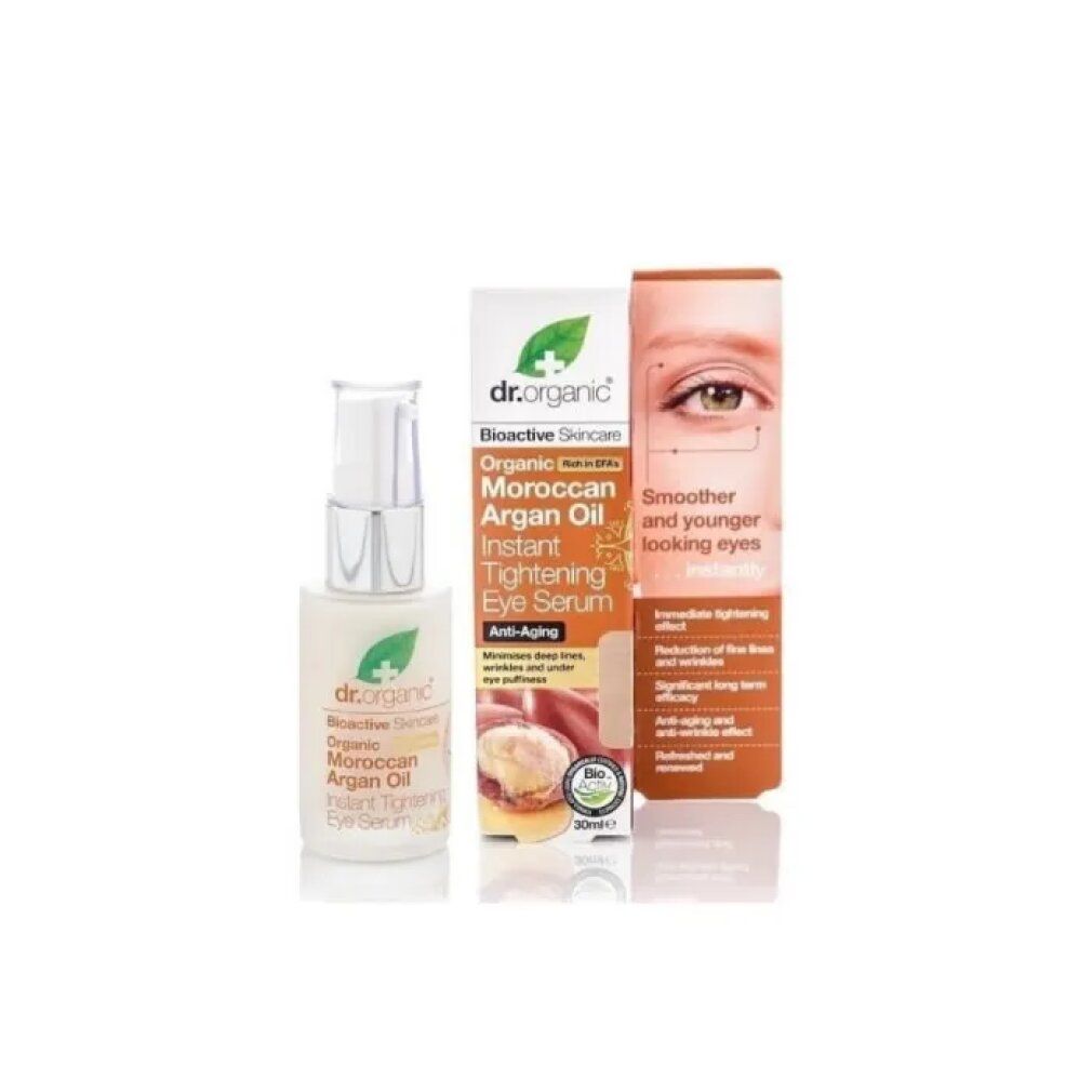 Serumflasche und Verpackung. Aufschrift: Dr. Organic, Moroccan Argan Oil, Instant Tightening Eye Serum, 30ml.