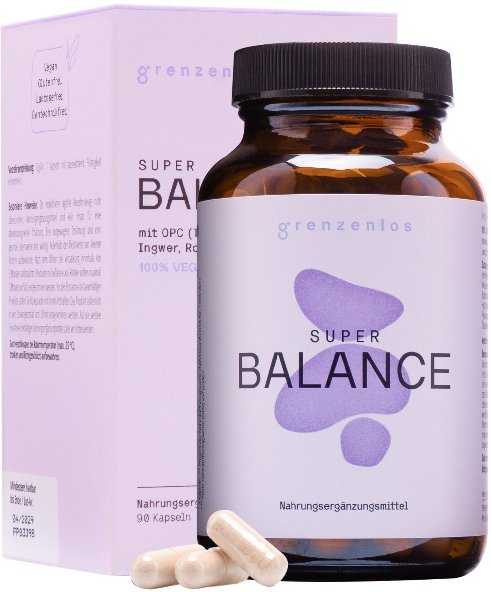 Flasche und Verpackung von Super Balance, Kapseln und Siegel '100% Vegan'.