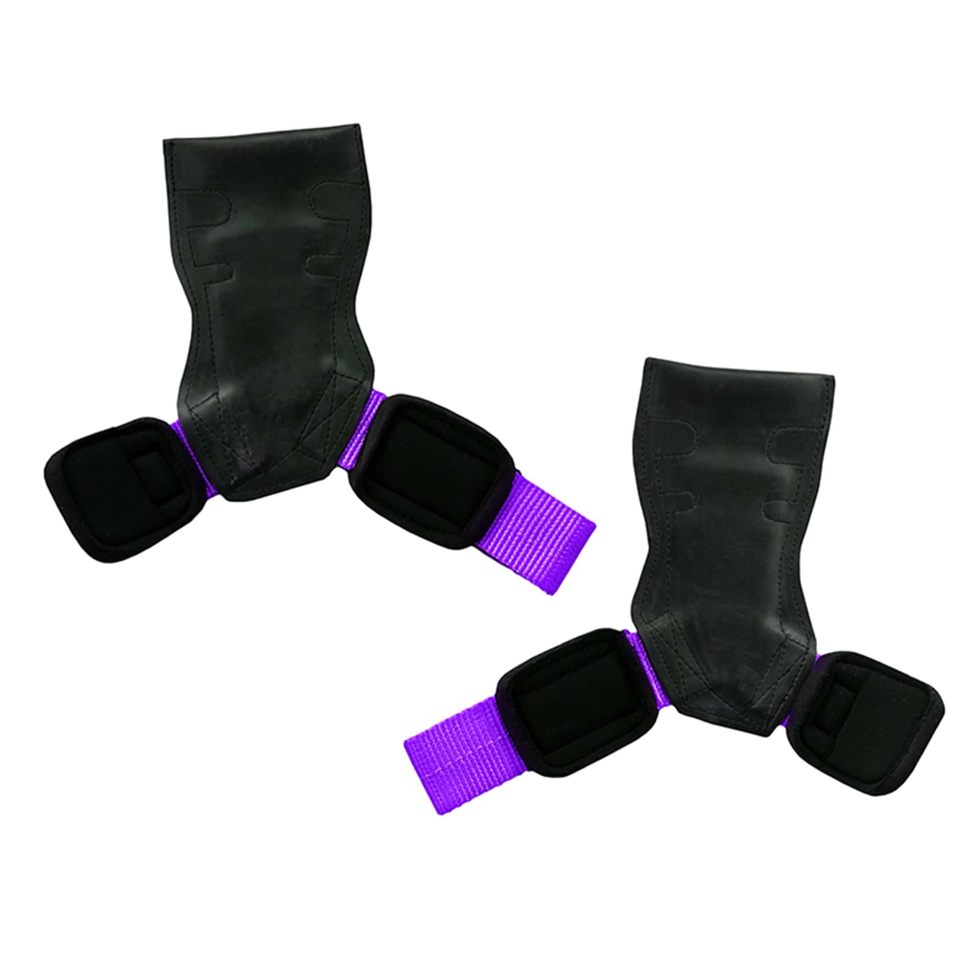 Zwei schwarze Ultra-Grips mit lila Handgelenkriemen. Die Handgelenkriemen sind geöffnet.