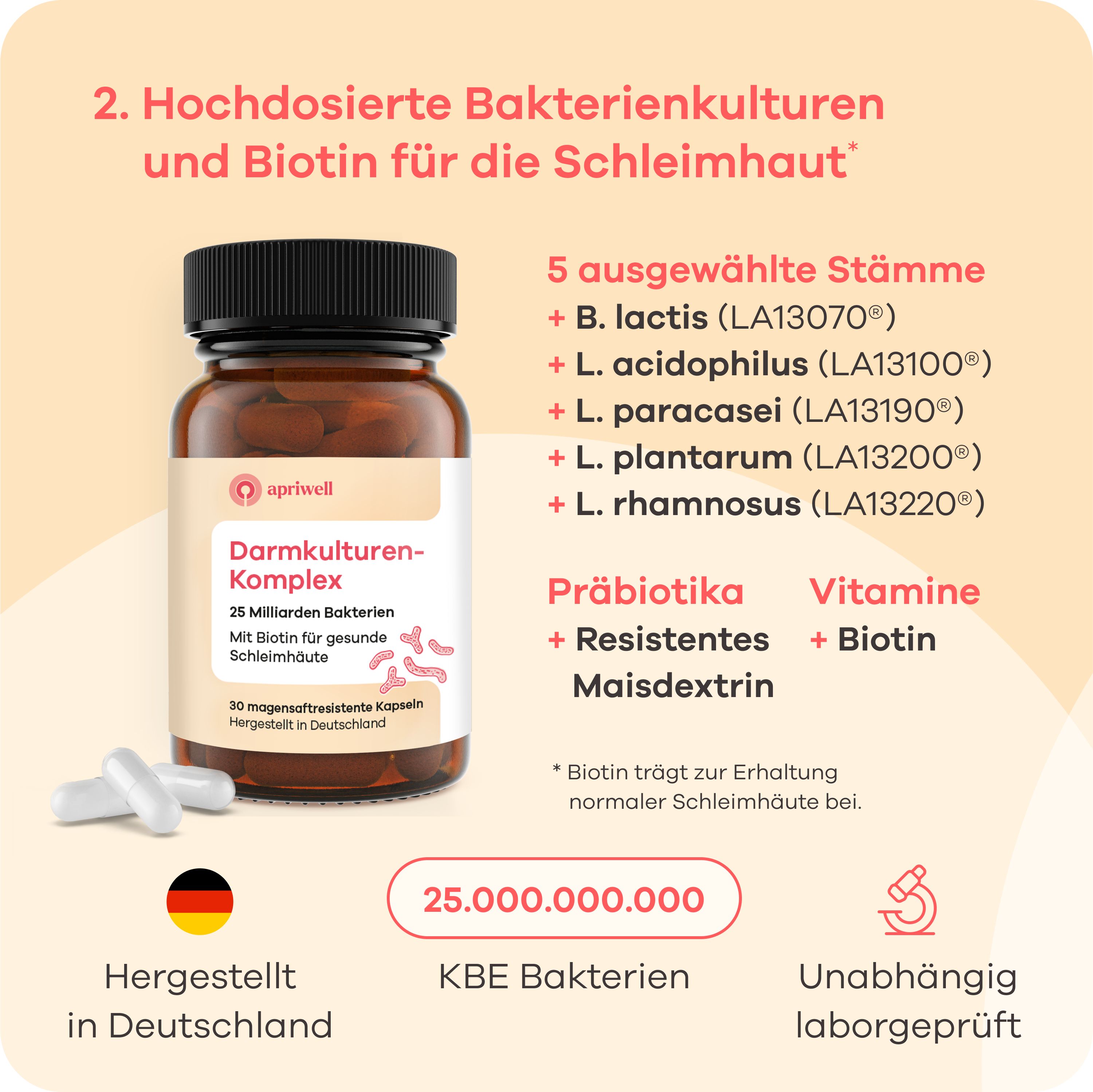 Darmkulturen-Komplex, Kapseln. Text: 25 Milliarden Bakterien. Hergestellt in Deutschland. Zertifizierungen.