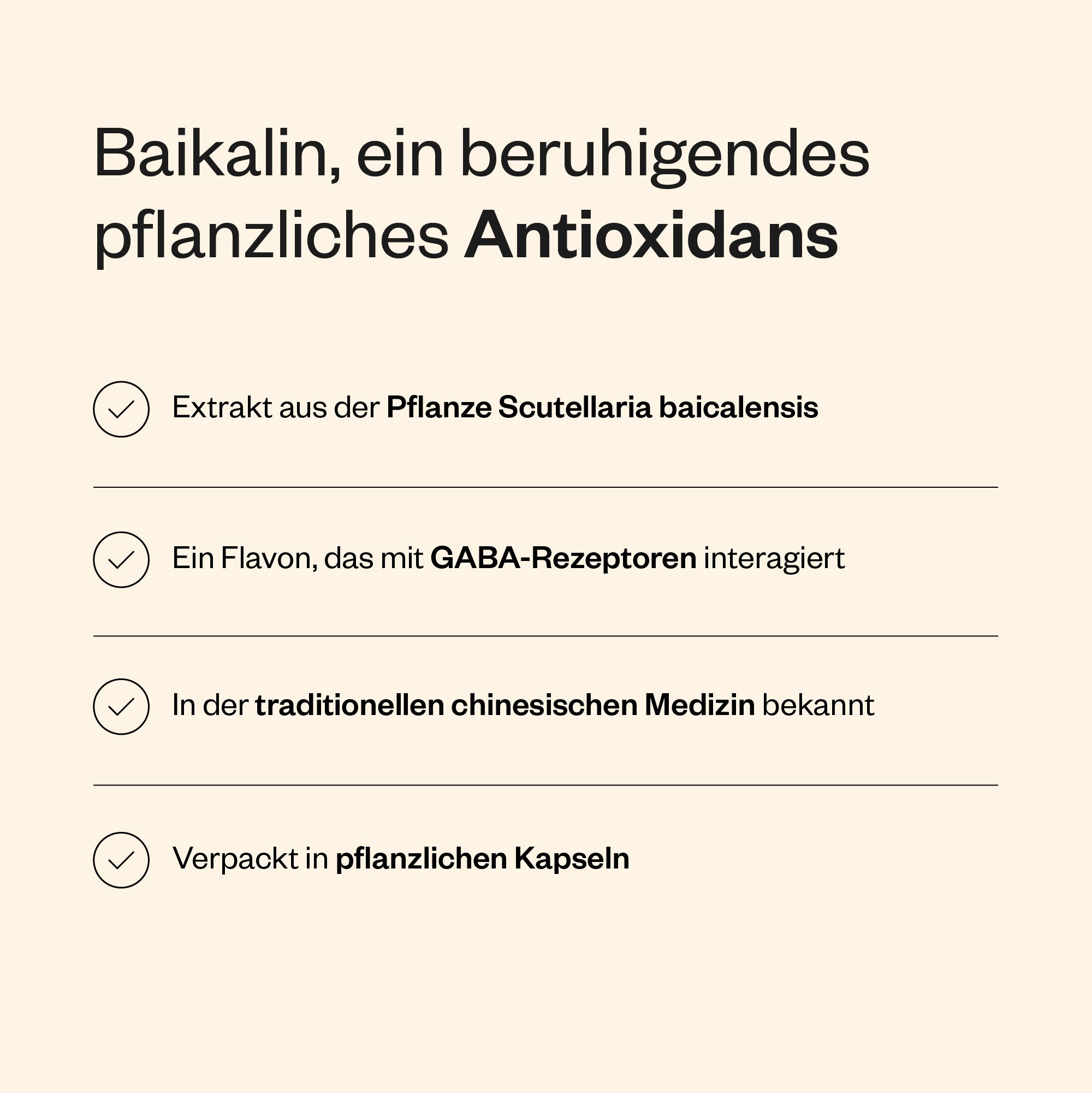 Text mit Aufzählungspunkten. Extrakt aus Scutellaria baicalensis. In pflanzlichen Kapseln verpackt.