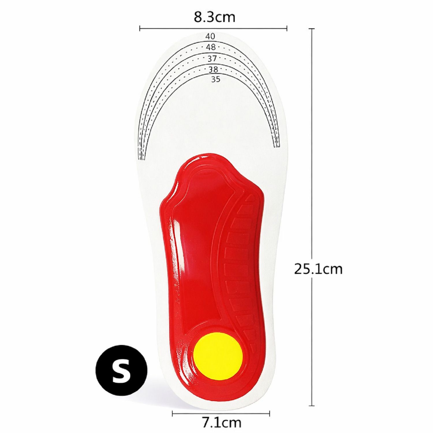 Orthopädische Einlegesohle. Weiß, rot und schwarz. Größenangaben: 8,3 x 25,1 x 7,1 cm. Größe S. Größenmarkierungen.