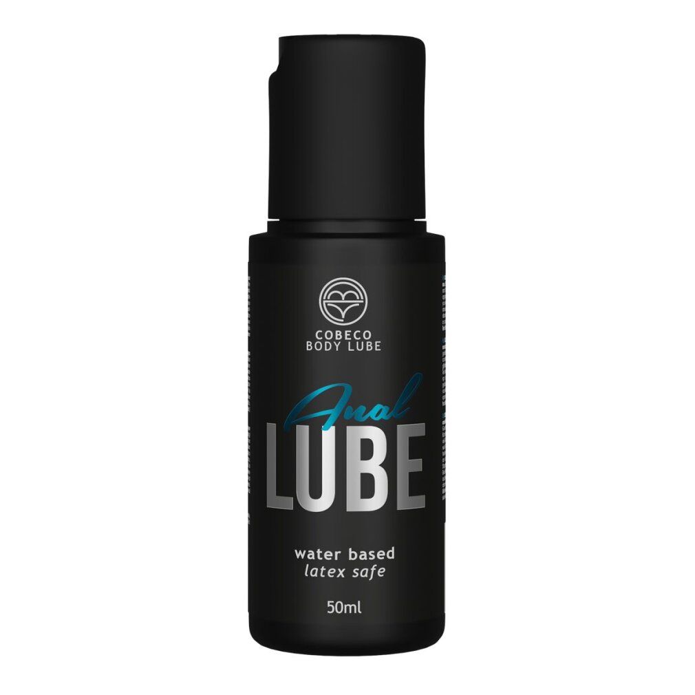 Schwarze Flasche mit "Anal LUBE"-Aufschrift. Text: "water based latex safe". Marke: Cobeco Body Lube. 50ml.