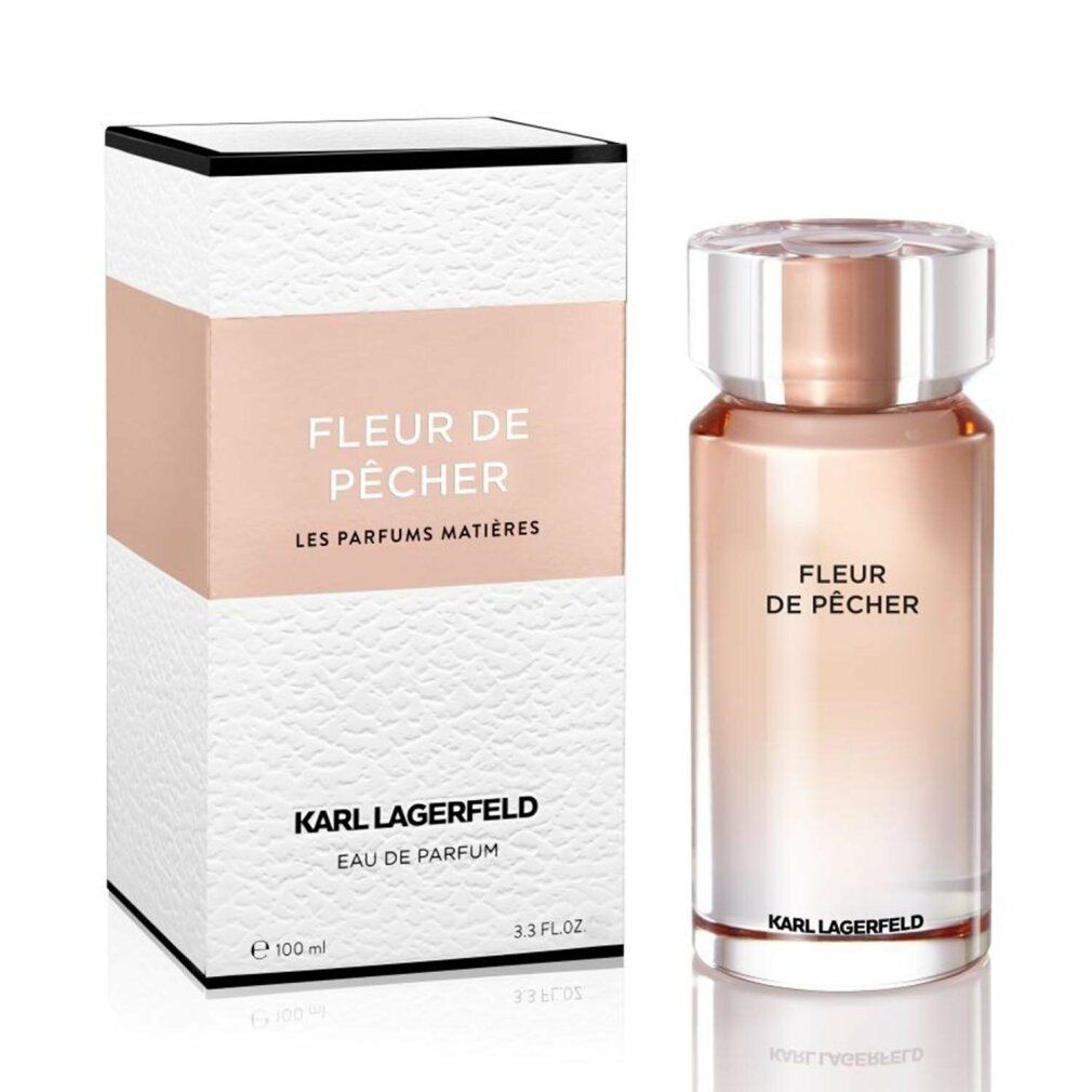 Fleur de Pêcher Eau de Parfum Spray, Flakon und Verpackung. Aufschrift: Karl Lagerfeld, 100 ml, 3.3 FL.OZ.