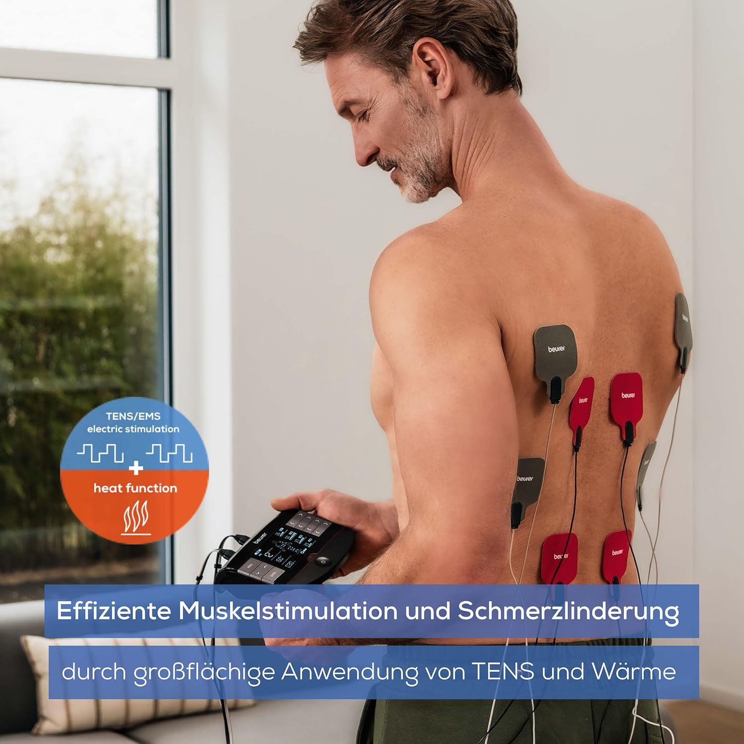 Mann mit Elektroden am Rücken. Gerät mit Display in der Hand. Text: Effiziente Muskelstimulation und Schmerzlinderung.