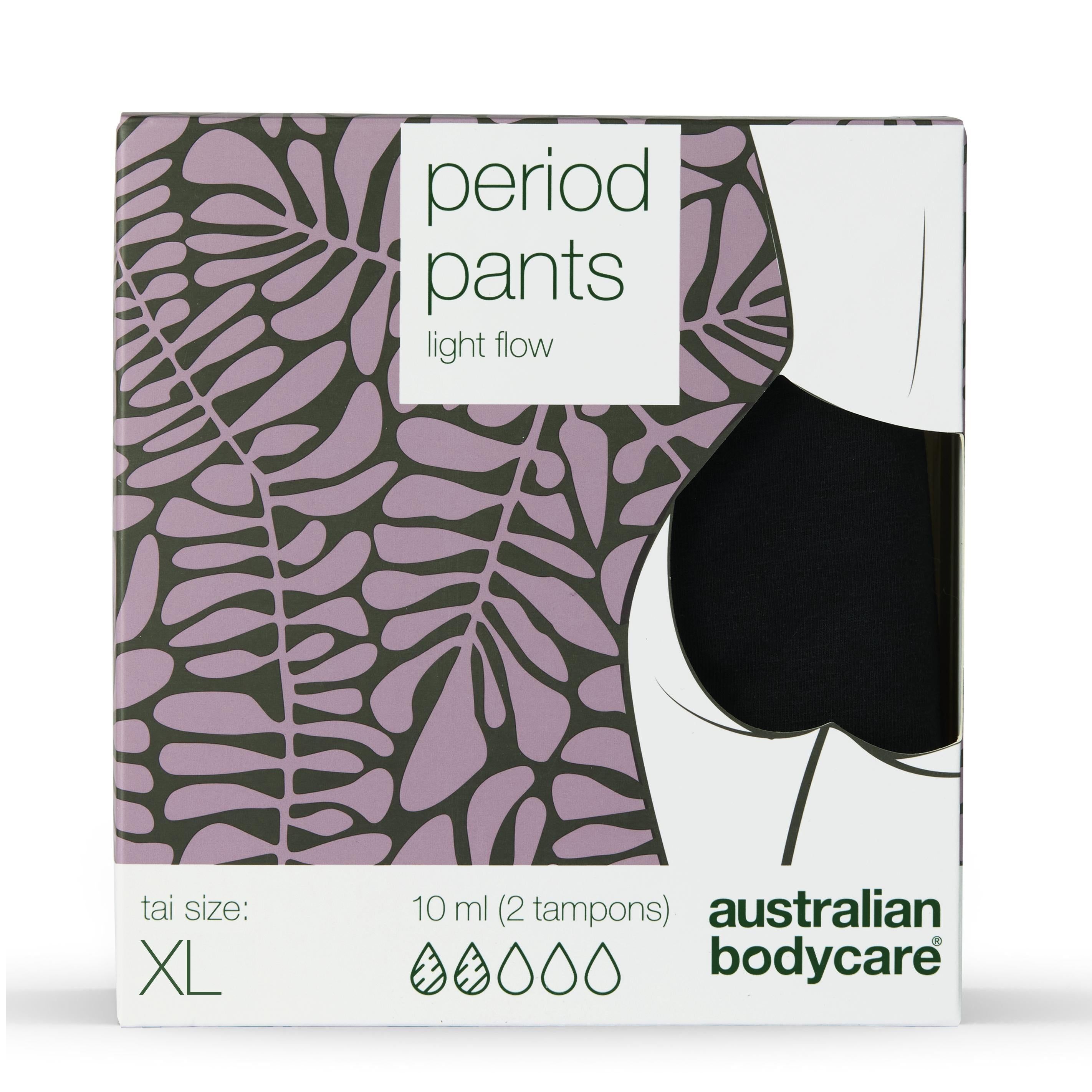 Schwarze Periodenunterwäsche in XL-Verpackung. Marke: Australian Bodycare. Text: Period Pants, Light Flow.