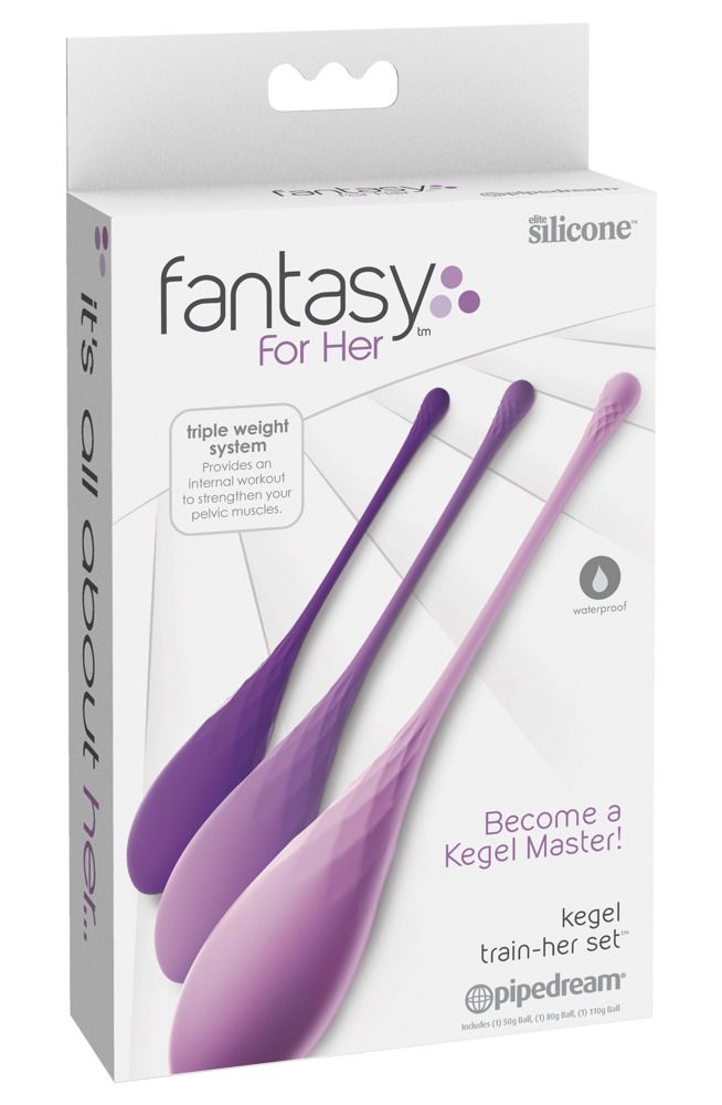 Verpackung für Kegel-Trainingsgeräte. Enthält drei Geräte in Lila-Tönen. Text: Fantasy For Her, Kegel Train.